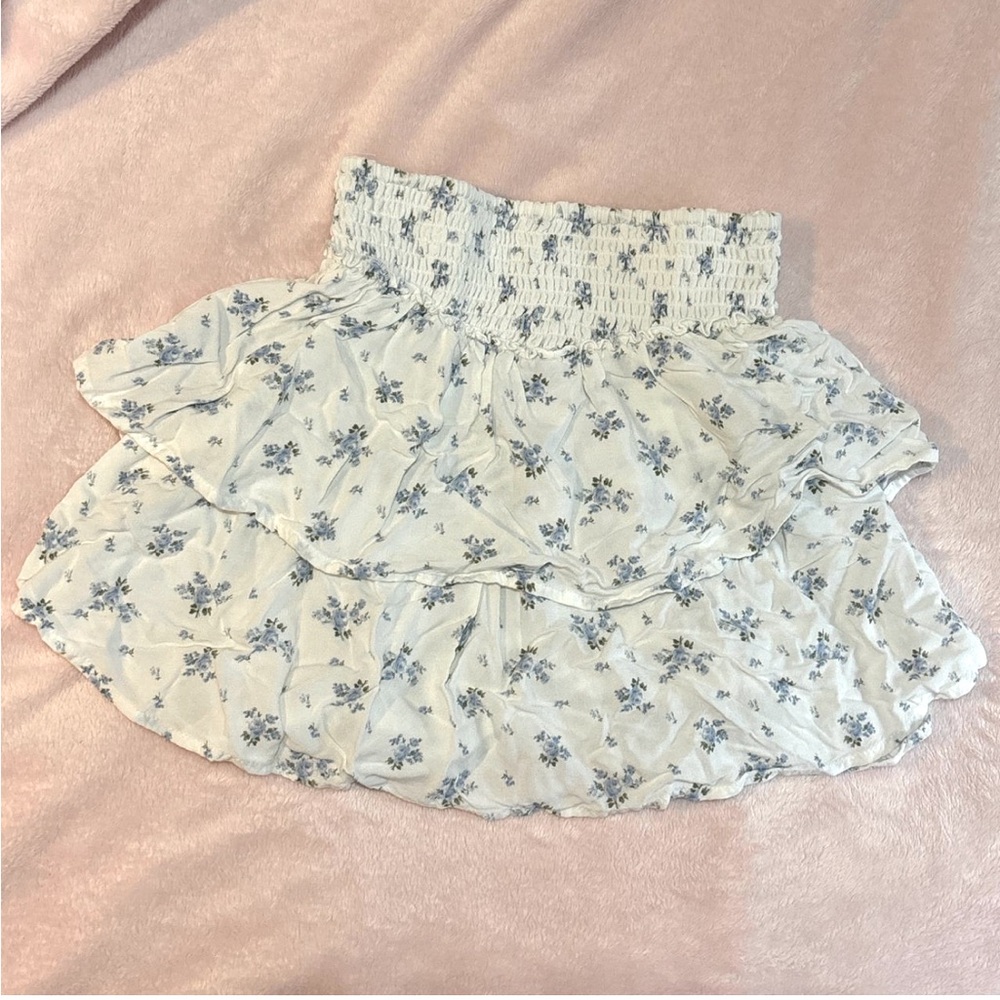 White and blue floral ruffle skirt